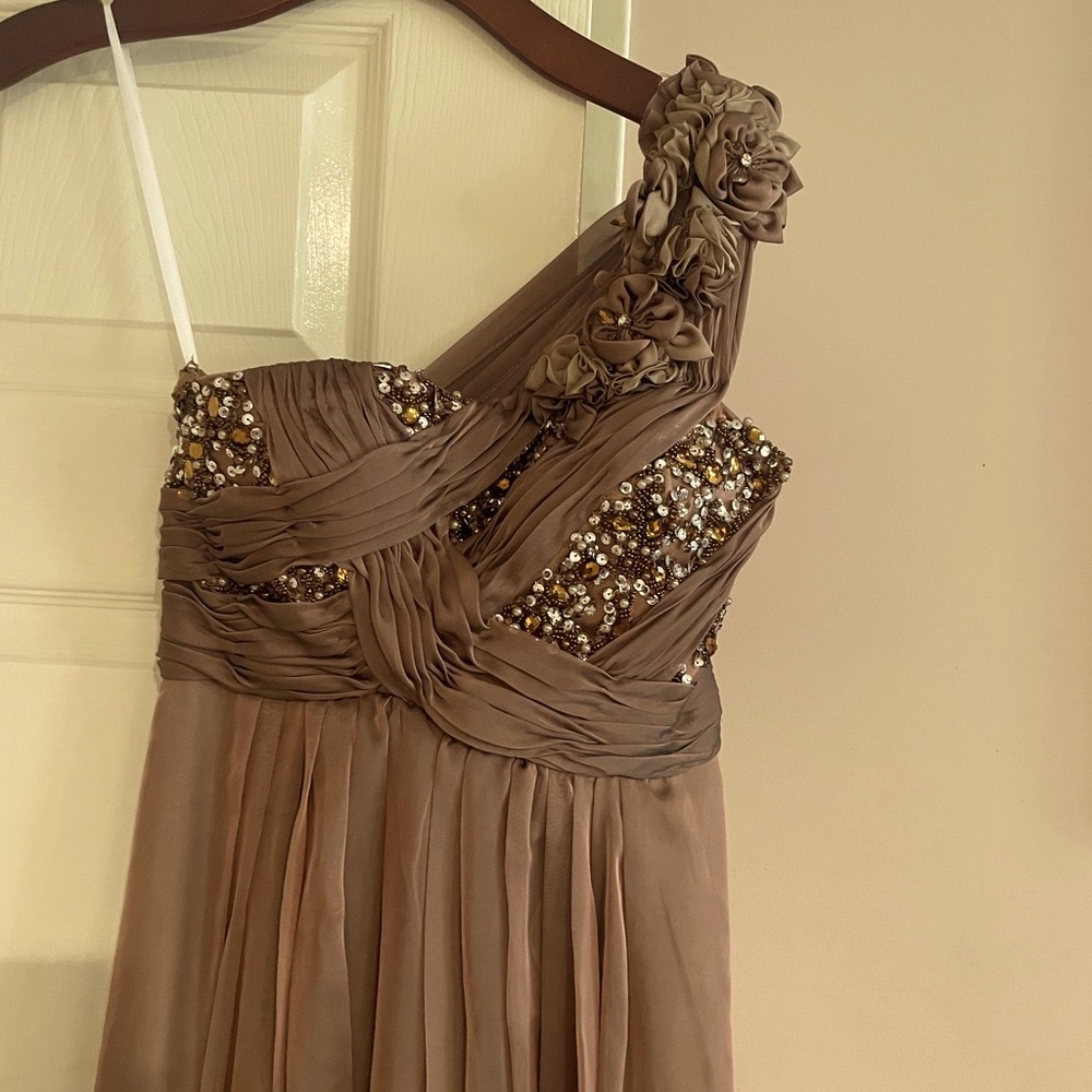 Evening gown silk/rayon one shoulder with flower appliqué on the shoulder